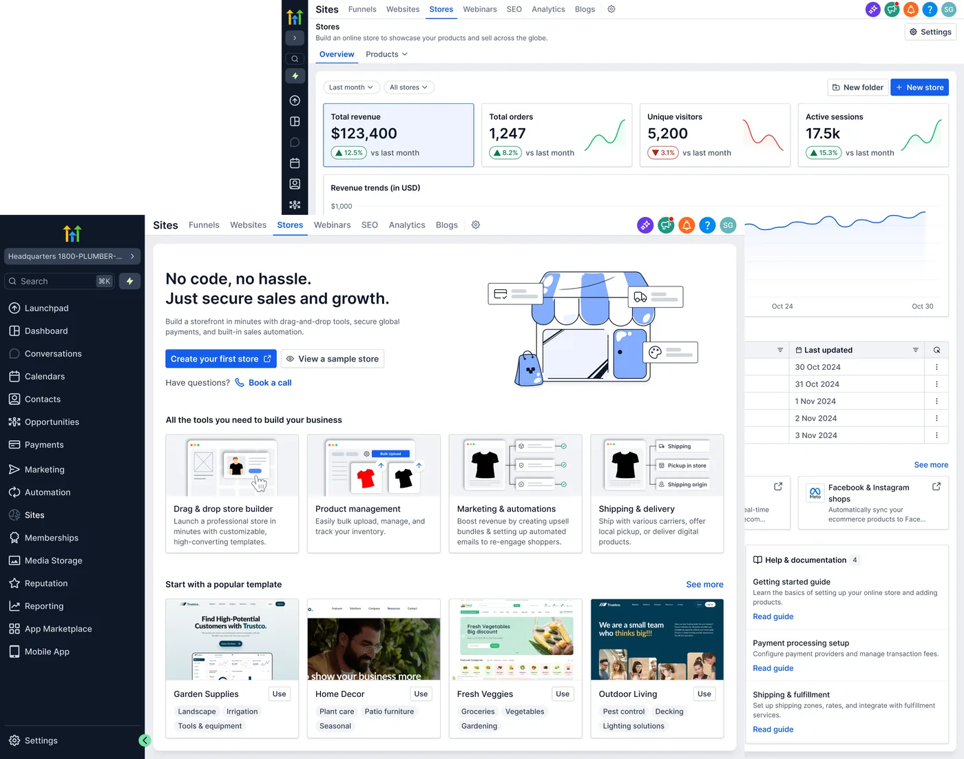 The stores dashboard — revenue, orders, visitors and sessions — behind the store builder, which offers drag-and-drop tools and templates to start from.