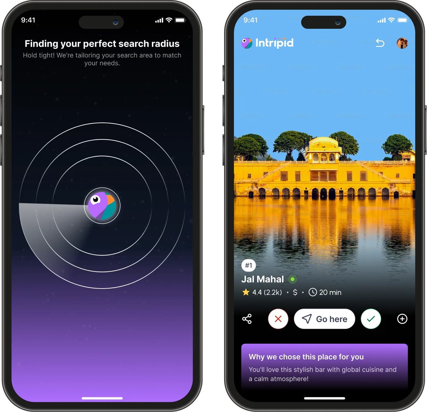 Two phone screens: the app narrowing a search radius, and a recommended place with its rating, cost and travel time above the reason it was chosen.