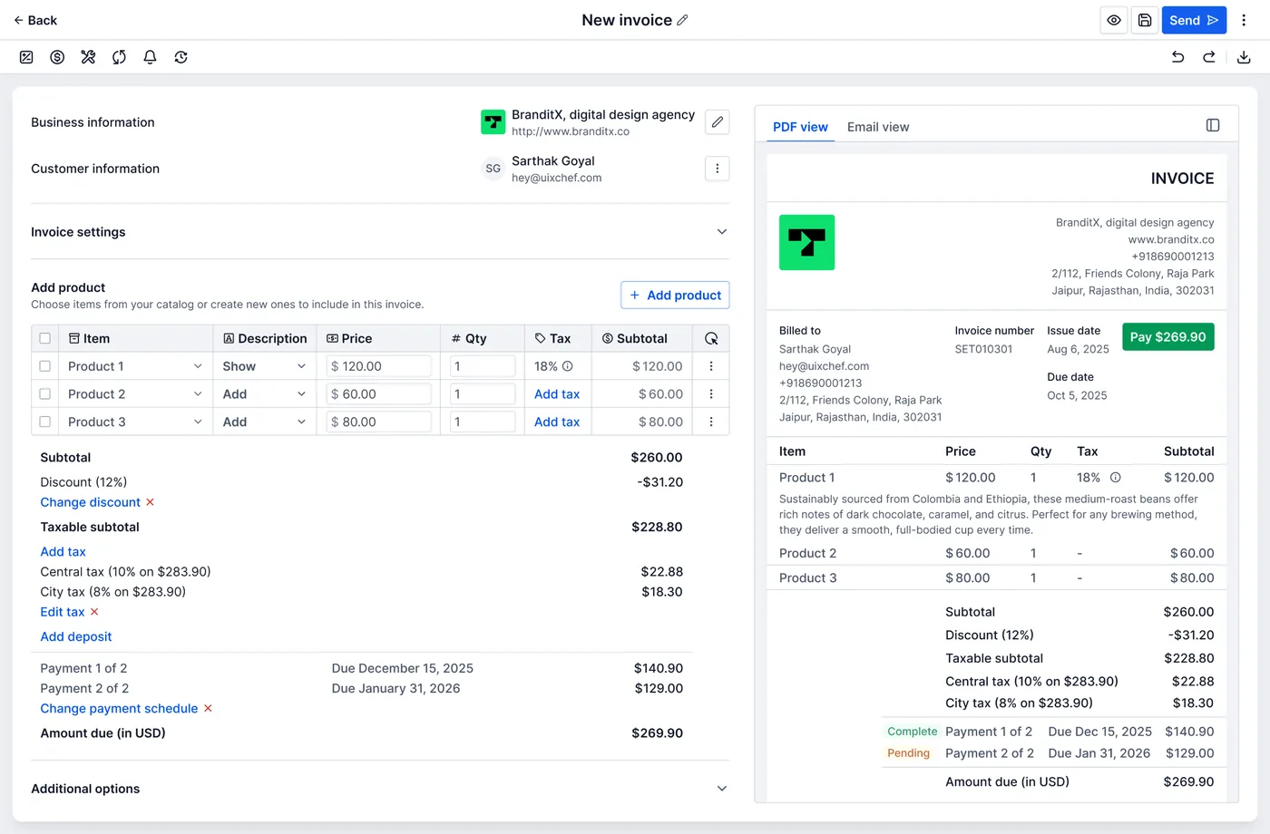 The invoice builder: line items, discounts, taxes and a payment schedule on the left, beside a live preview of the invoice that will be sent.