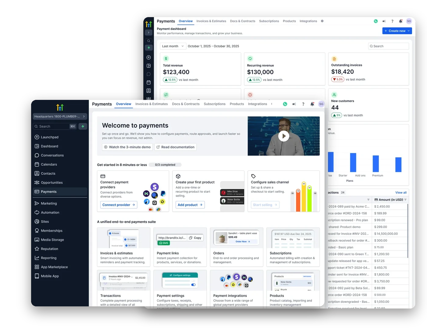 The payments dashboard — revenue, recurring revenue and outstanding invoices — behind the onboarding panel that walks through connecting a provider and creating a product.